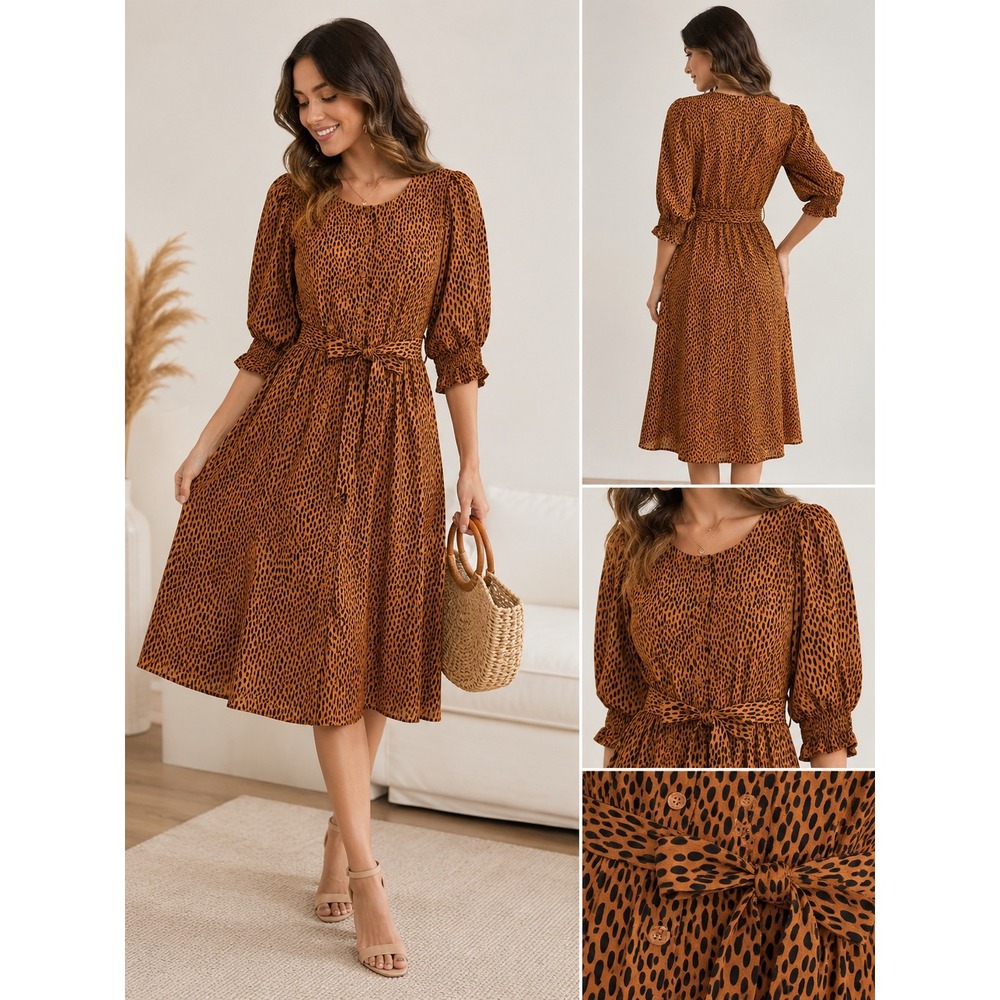 Garnet Hill Brown Spotted Tencel Midi Dress Button Front Belted Womens Small
